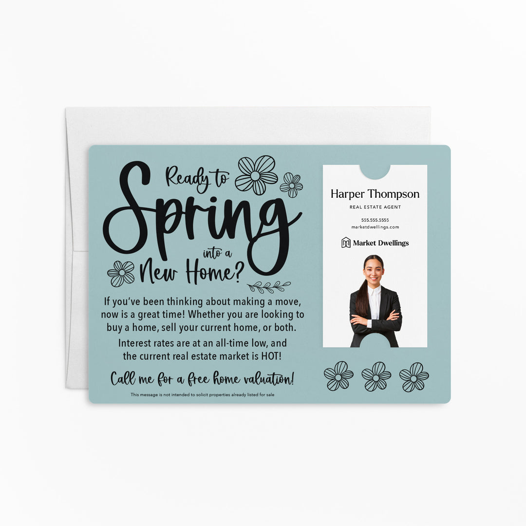 Vertical | Set of "Ready to Spring into a New Home?" Real Estate Mailer | Envelopes Included | S4-M005 Mailer Market Dwellings LIGHT BLUE
