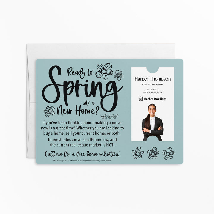 Vertical | Set of "Ready to Spring into a New Home?" Real Estate Mailer | Envelopes Included | S4-M005 Mailer Market Dwellings LIGHT BLUE