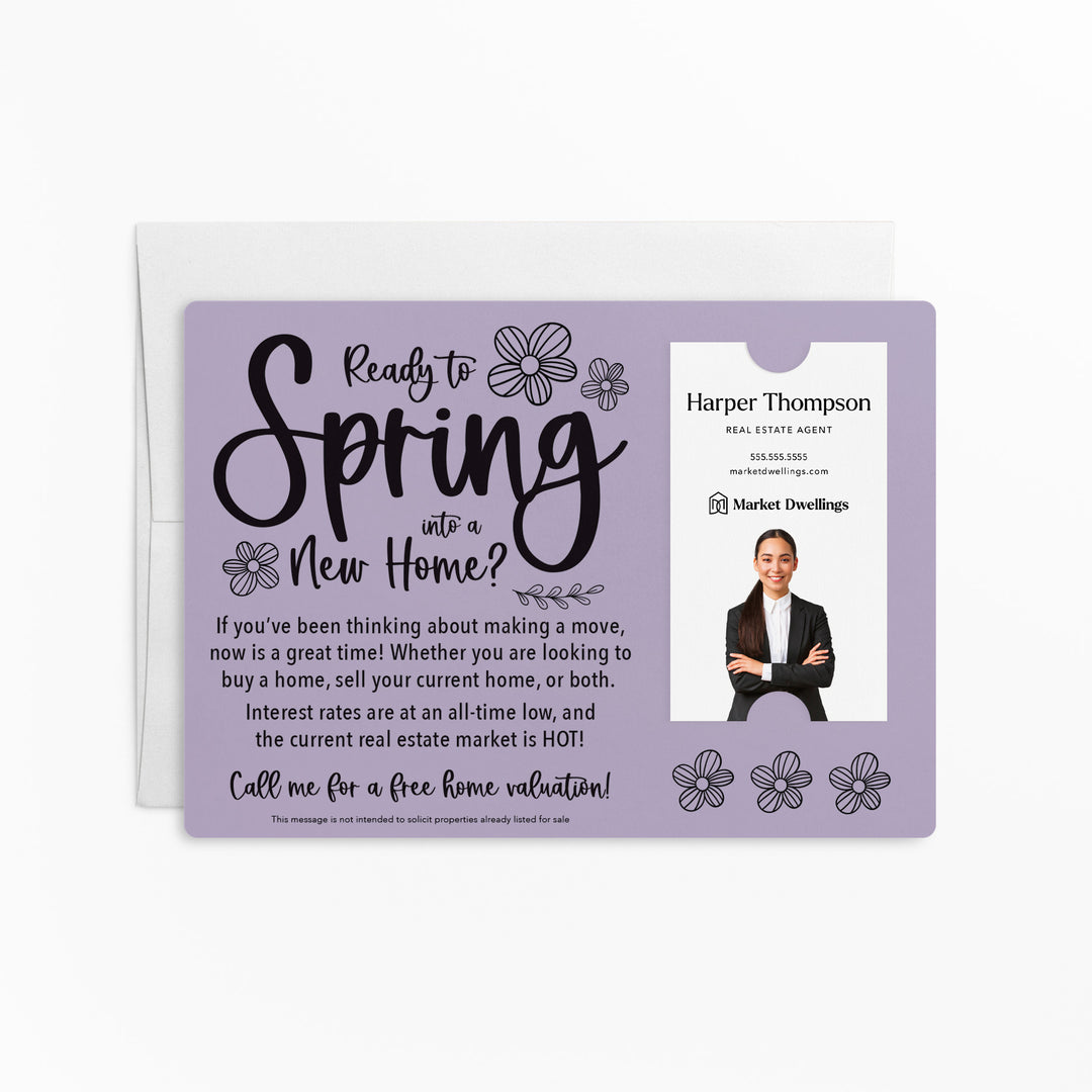 Vertical | Set of "Ready to Spring into a New Home?" Real Estate Mailer | Envelopes Included | S4-M005 Mailer Market Dwellings LIGHT PURPLE