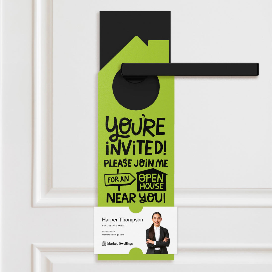 You're Invited! Please Join Me For An Open House Near You! | Door Hangers | 189-DH002 Door Hanger Market Dwellings GREEN APPLE