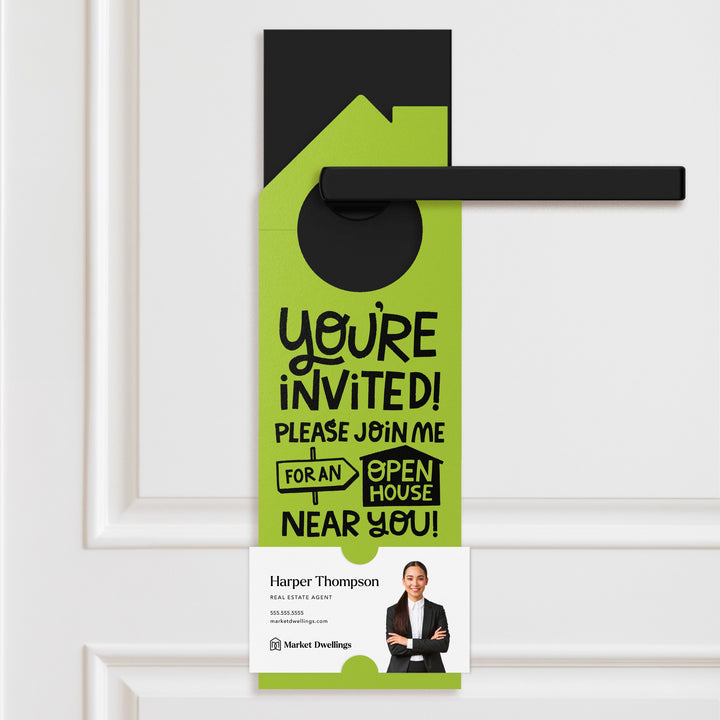 You're Invited! Please Join Me For An Open House Near You! | Door Hangers | 189-DH002 Door Hanger Market Dwellings GREEN APPLE