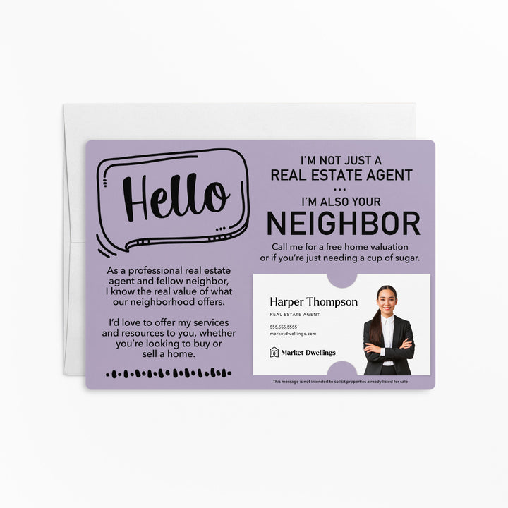 Set of Hello I'm Not Just A Real Estate Agent, I'm Also Your Neighbor Mailers | Envelopes Included Mailer Market Dwellings LIGHT PURPLE
