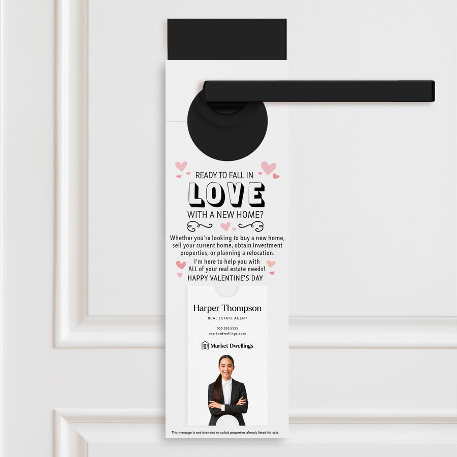 Vertical | "Ready to Fall in Love with a New Home" | Valentine's Day Door Hanger | V1-DH005 Holiday Door Hanger Market Dwellings