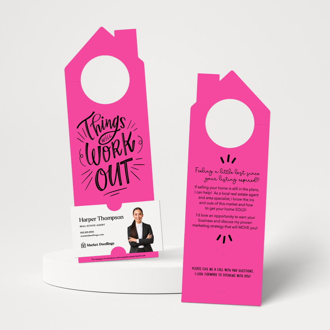 Things Will Work Out Real Estate Expired Listing | Double Sided Door Hangers | 35-DH002 Door Hanger Market Dwellings RAZZLE BERRY  
