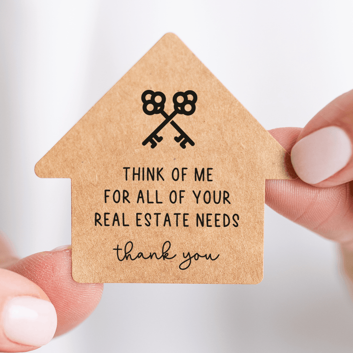 Think of Me For All of Your Real Estate Needs | House Shaped Label Stickers | 1-LB1 Stickers Market Dwellings   