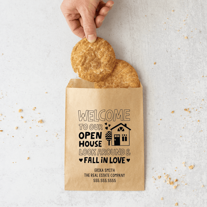 Customizable | Set of "Welcome to Our Open House Look Around and Fall in Love" Bakery Bags | 3-BB Bakery Bag Market Dwellings   