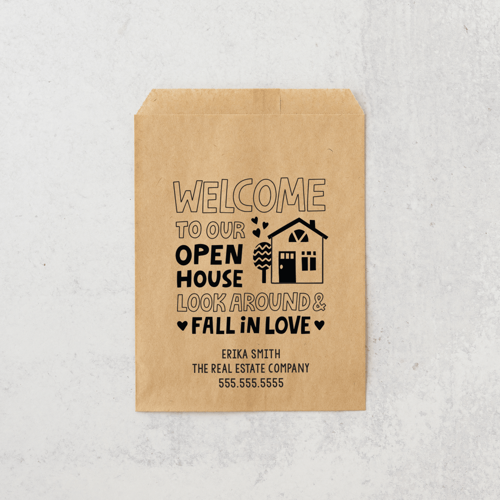 Customizable | Set of "Welcome to Our Open House Look Around and Fall in Love" Bakery Bags | 3-BB Bakery Bag Market Dwellings   