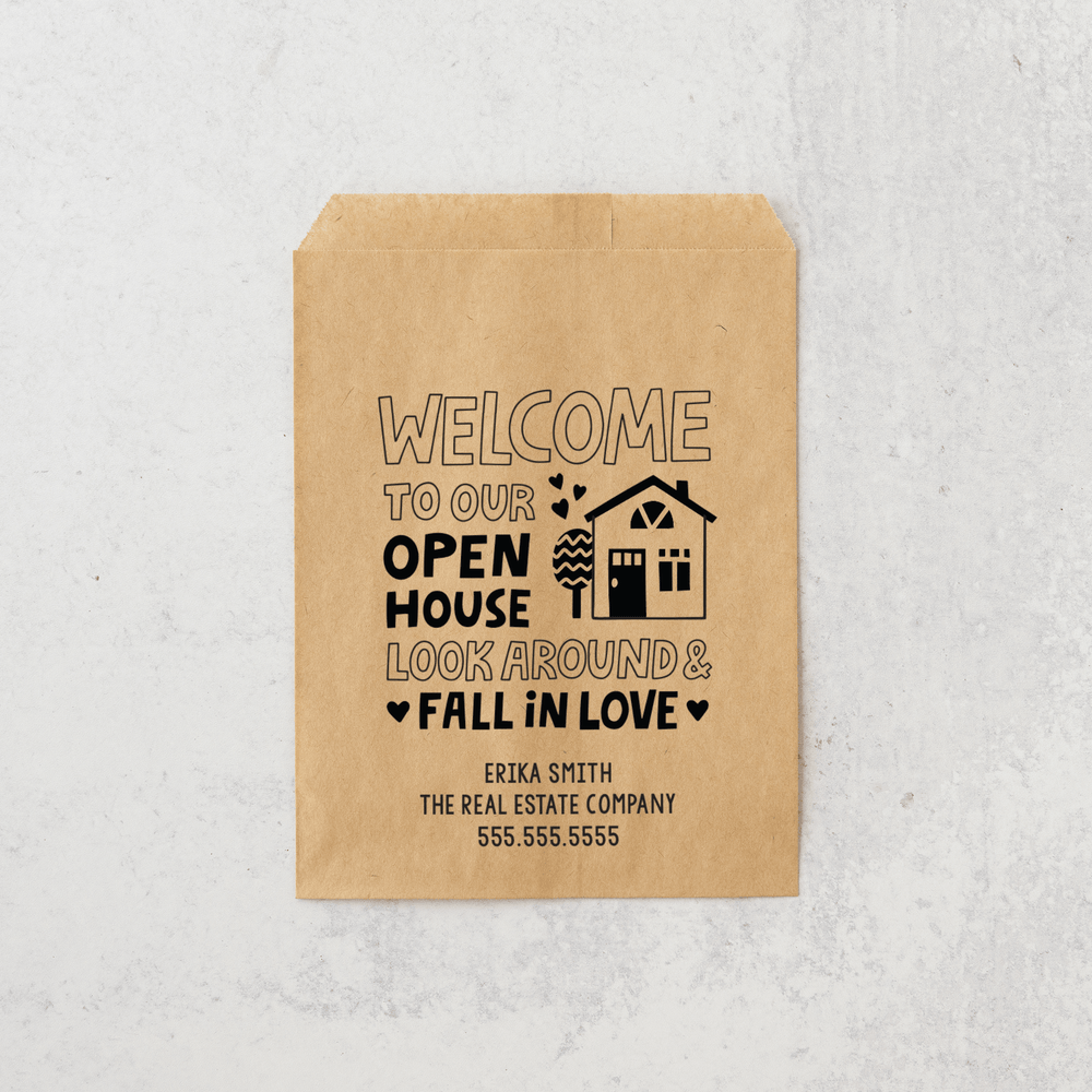 Customizable | Set of "Welcome to Our Open House Look Around and Fall in Love" Bakery Bags | 3-BB Bakery Bag Market Dwellings