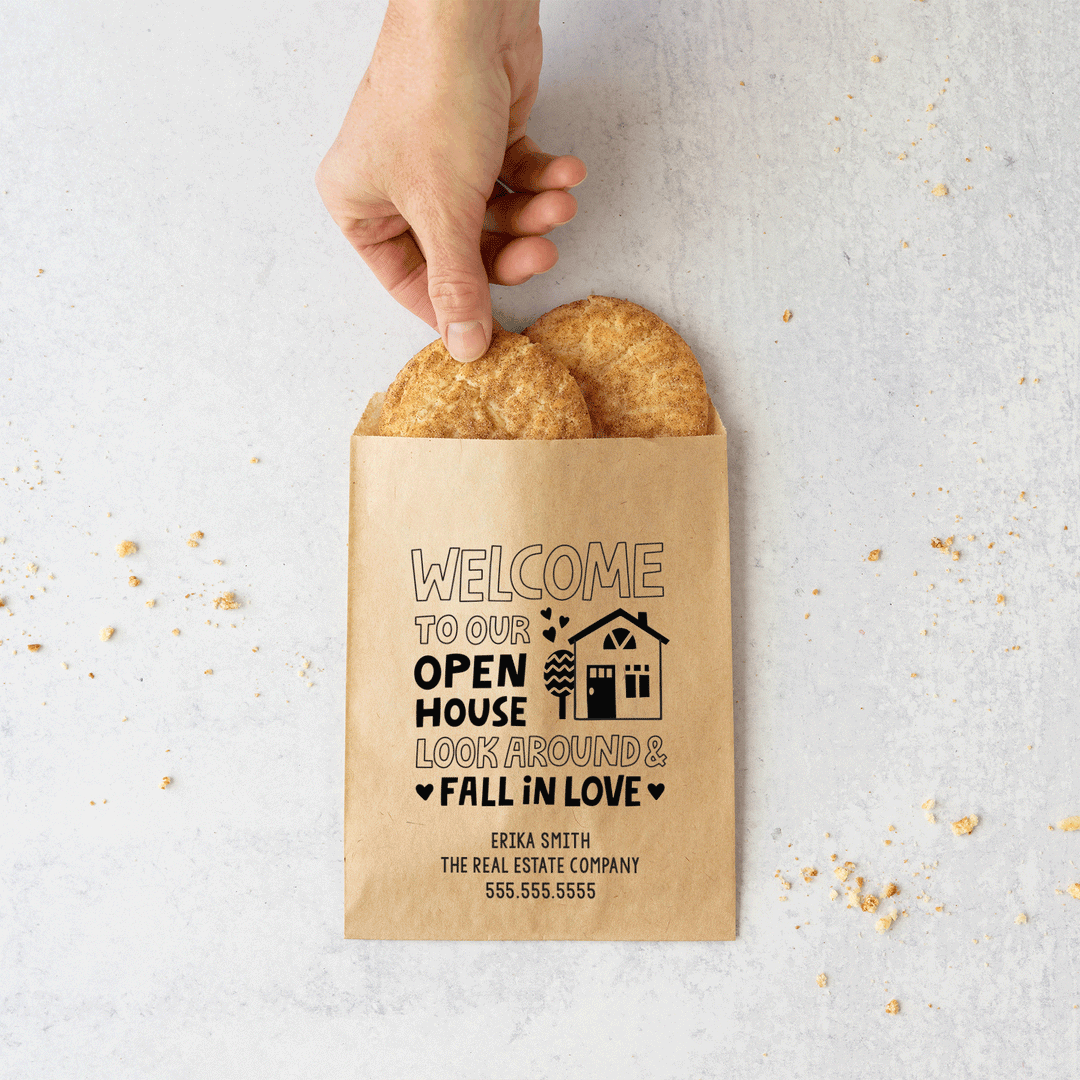 Customizable | Set of "Welcome to Our Open House Look Around and Fall in Love" Bakery Bags | 3-BB Bakery Bag Market Dwellings   