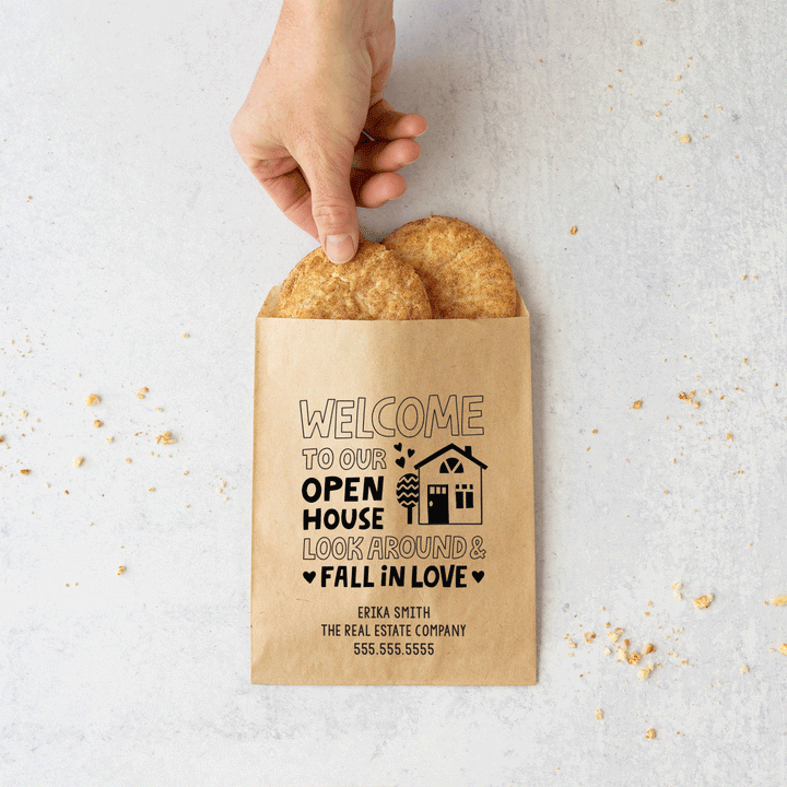Customizable | Set of "Welcome to Our Open House Look Around and Fall in Love" Bakery Bags | 3-BB Bakery Bag Market Dwellings