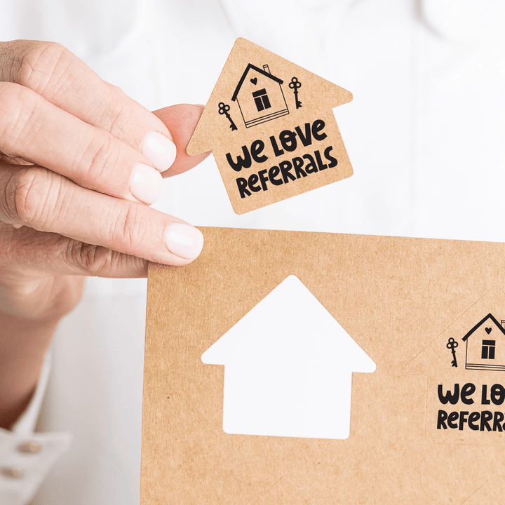We Love Referrals | House Shaped Label Stickers | 3-LB1 Stickers Market Dwellings