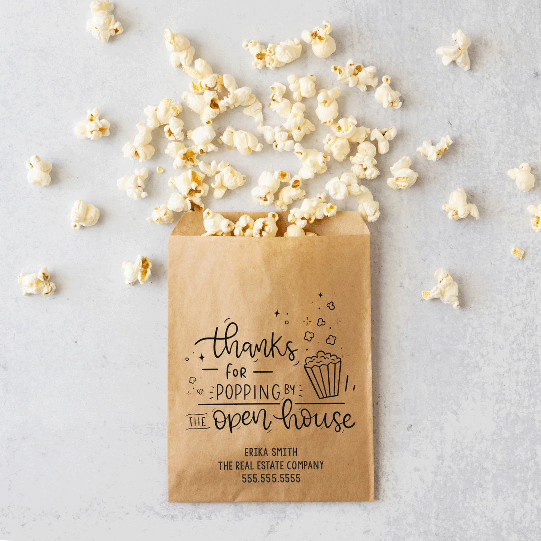 Customizable | Set of "Thanks for Popping By the Open House" Bakery Bags | 4-BB Bakery Bag Market Dwellings