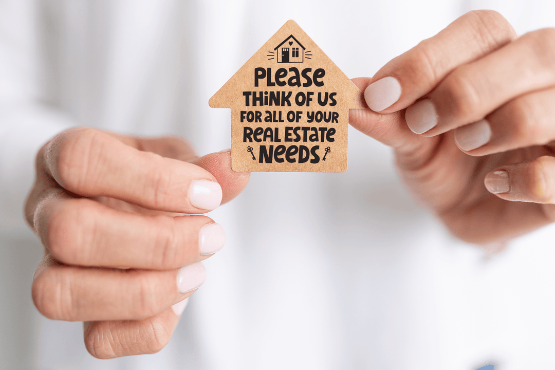Set of Please Think of US for All of Your Real Estate Needs | House Shaped Label Stickers | 4-LB1 Stickers Market Dwellings