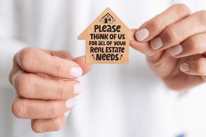 Set of Please Think of US for All of Your Real Estate Needs | House Shaped Label Stickers | 4-LB1 Stickers Market Dwellings