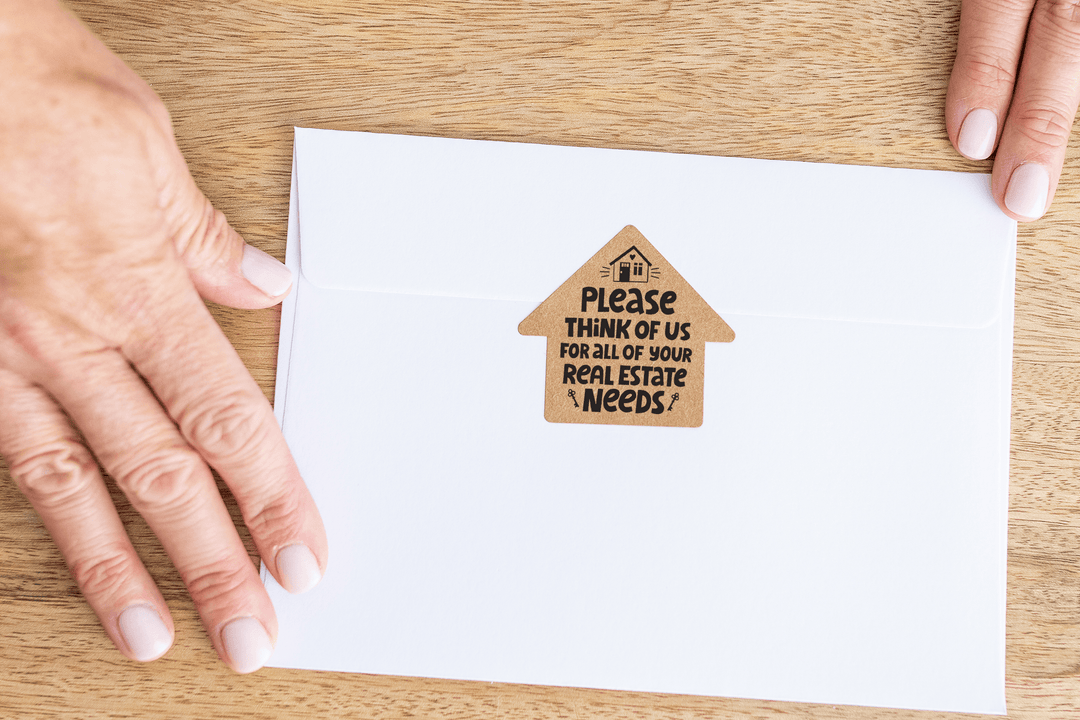 Set of Please Think of US for All of Your Real Estate Needs | House Shaped Label Stickers | 4-LB1 Stickers Market Dwellings