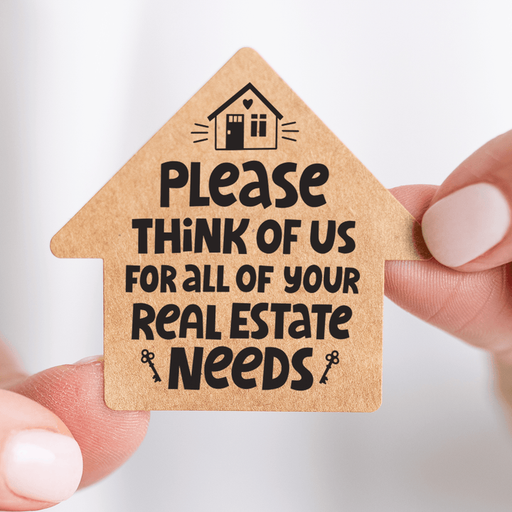 Set of Please Think of US for All of Your Real Estate Needs | House Shaped Label Stickers | 4-LB1 Stickers Market Dwellings   