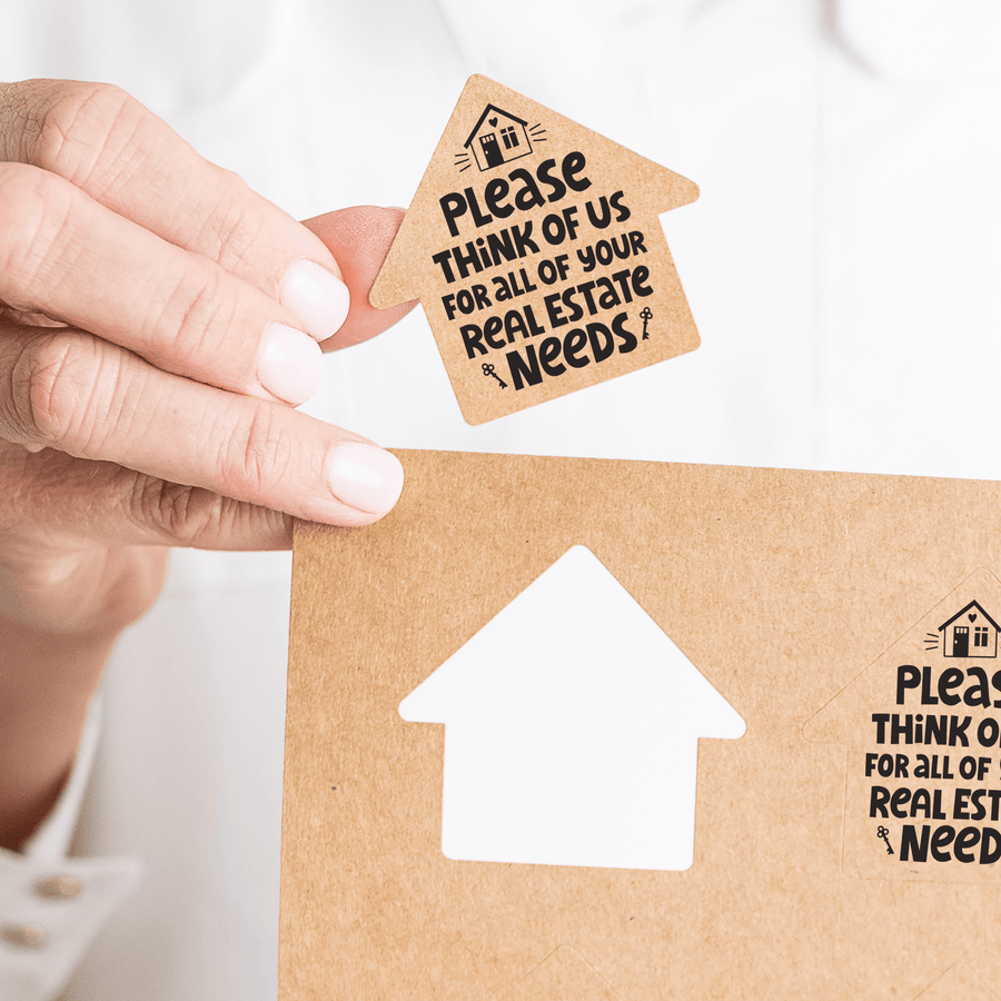 Set of Please Think of US for All of Your Real Estate Needs | House Shaped Label Stickers | 4-LB1 Stickers Market Dwellings