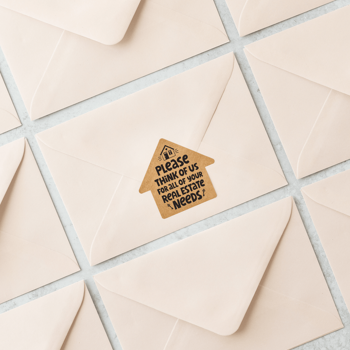 Set of Please Think of US for All of Your Real Estate Needs | House Shaped Label Stickers | 4-LB1 Stickers Market Dwellings