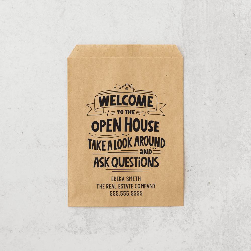 Customizable | Set of "Welcome to the Open House Take a Look Around and Ask Questions" Bakery Bags | 5-BB Bakery Bag Market Dwellings