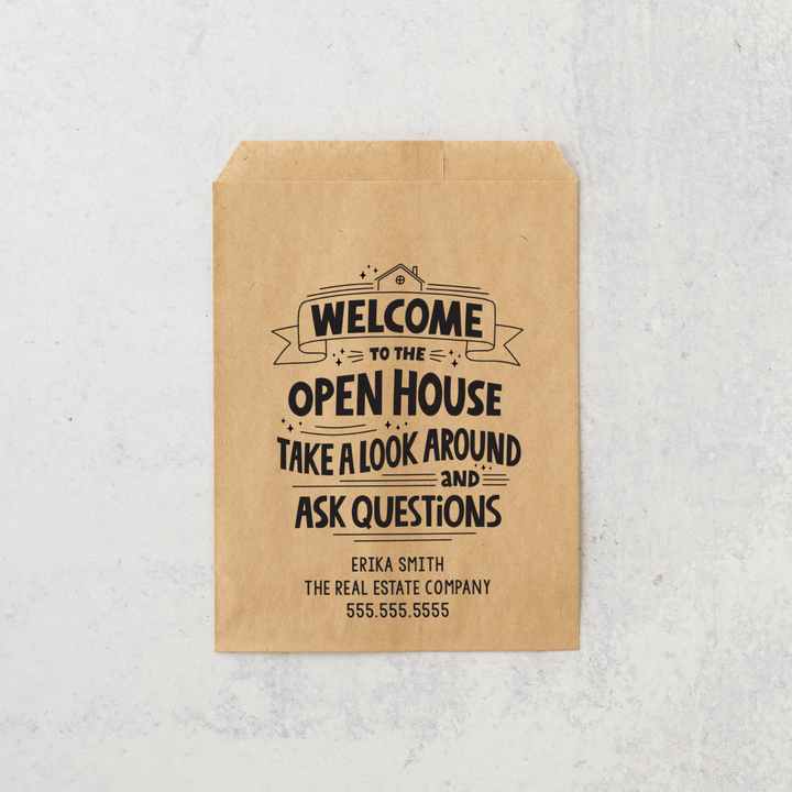 Customizable | Set of "Welcome to the Open House Take a Look Around and Ask Questions" Bakery Bags | 5-BB Bakery Bag Market Dwellings