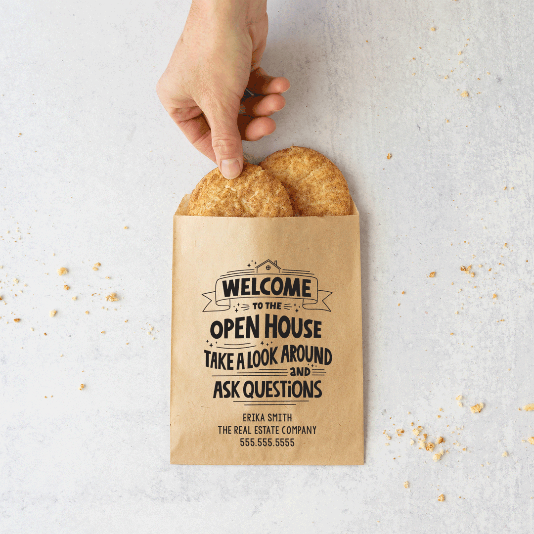 Customizable | Set of "Welcome to the Open House Take a Look Around and Ask Questions" Bakery Bags | 5-BB Bakery Bag Market Dwellings
