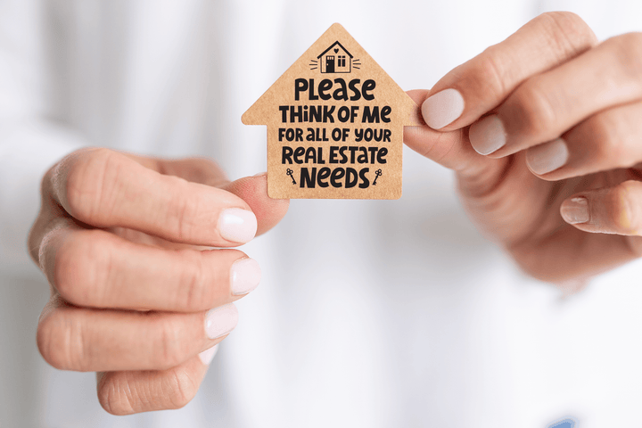 Set of Please Think of ME for All of Your Real Estate Needs | House Shaped Label Stickers | 5-LB1 Stickers Market Dwellings