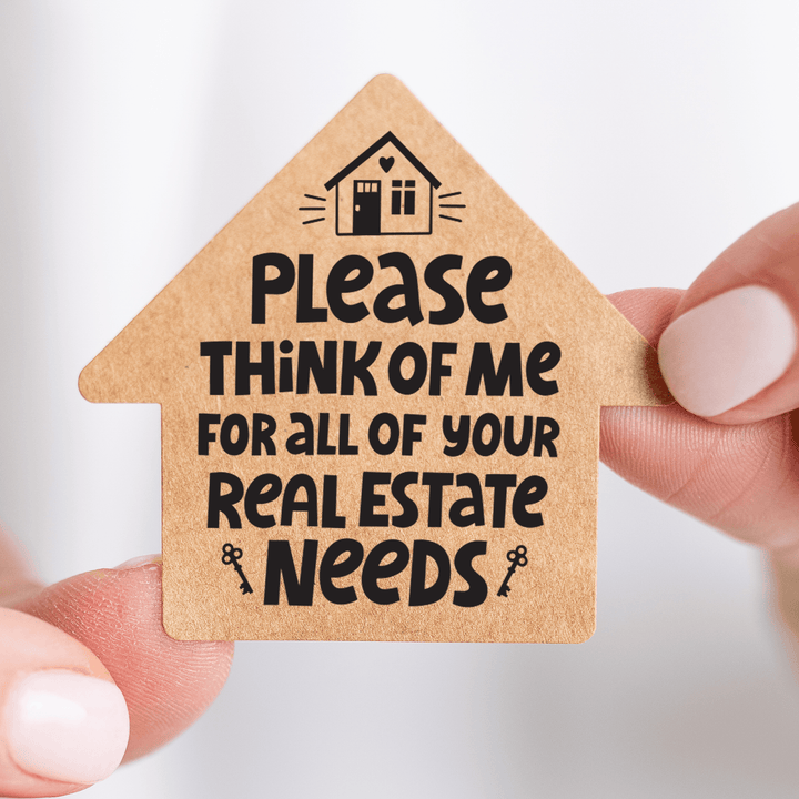 Set of Please Think of ME for All of Your Real Estate Needs | House Shaped Label Stickers | 5-LB1 Stickers Market Dwellings   