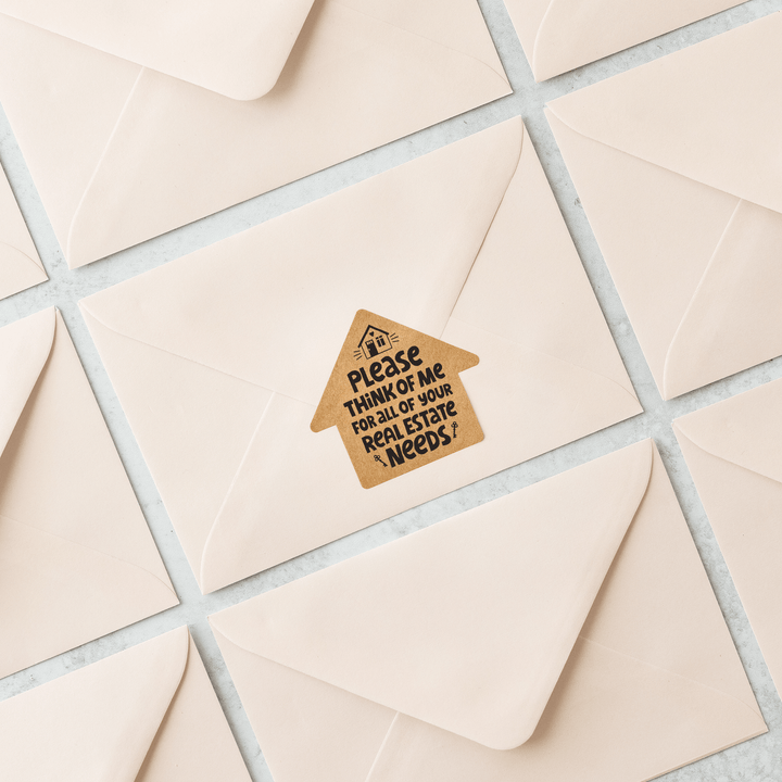 Set of Please Think of ME for All of Your Real Estate Needs | House Shaped Label Stickers | 5-LB1 Stickers Market Dwellings