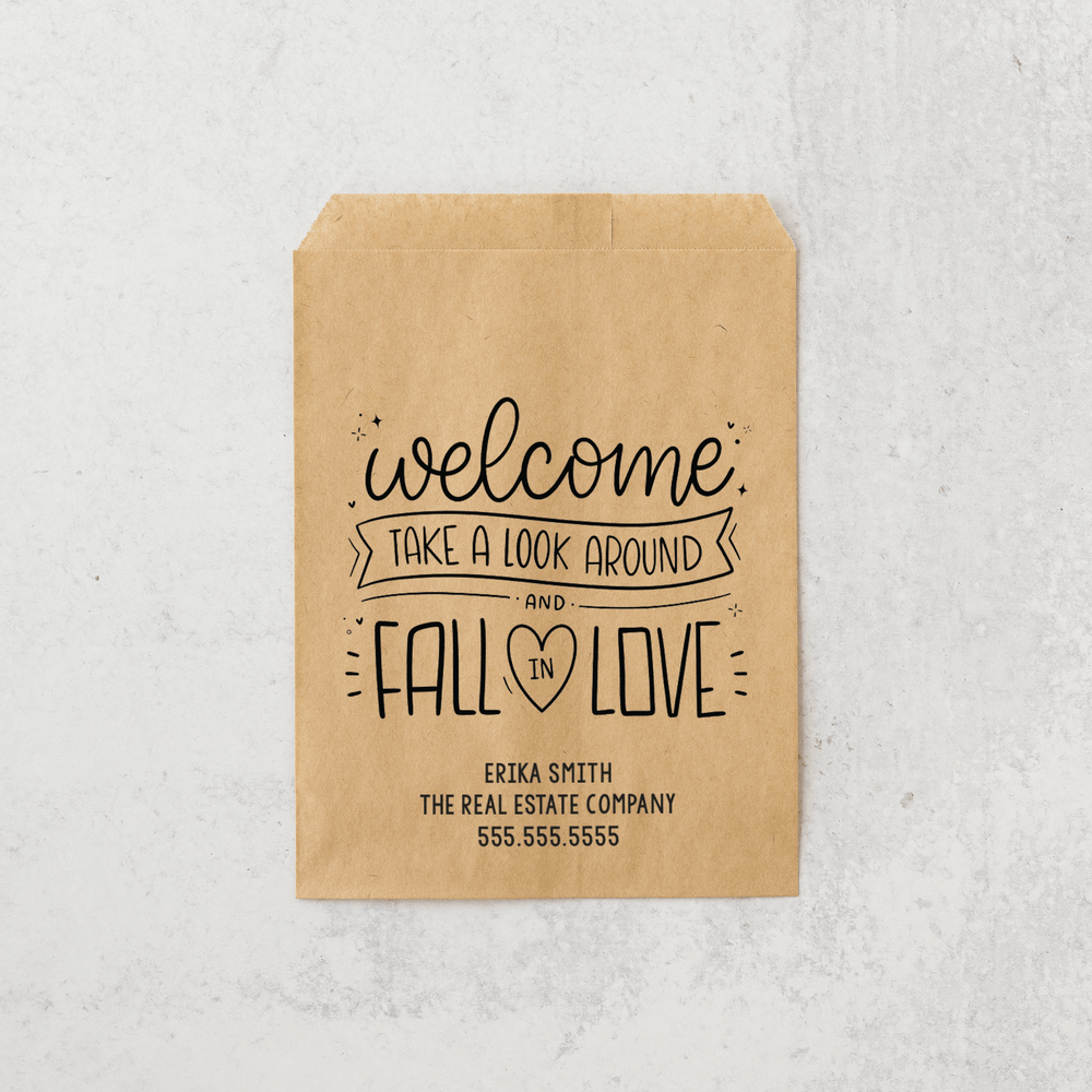 Customizable | Set of "Welcome Take a Look Around and Fall in Love" Bakery Bags | 7-BB Bakery Bag Market Dwellings   