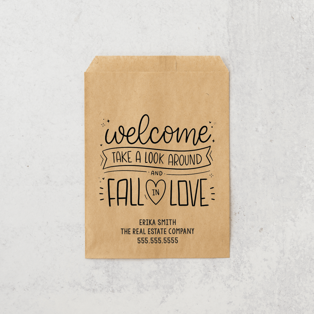 Customizable | Set of "Welcome Take a Look Around and Fall in Love" Bakery Bags | 7-BB Bakery Bag Market Dwellings