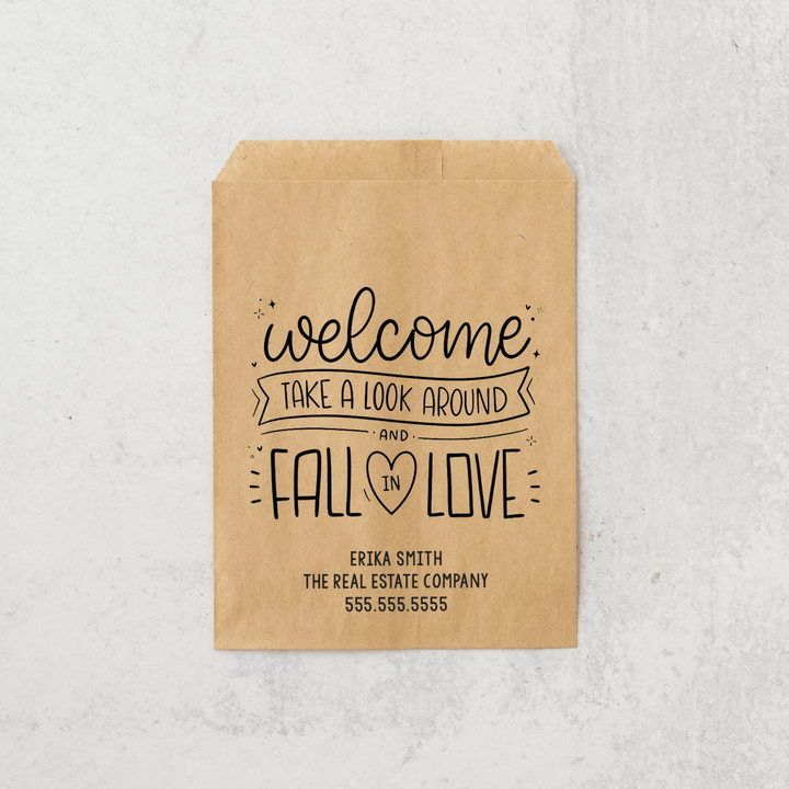 Customizable | Set of "Welcome Take a Look Around and Fall in Love" Bakery Bags | 7-BB Bakery Bag Market Dwellings