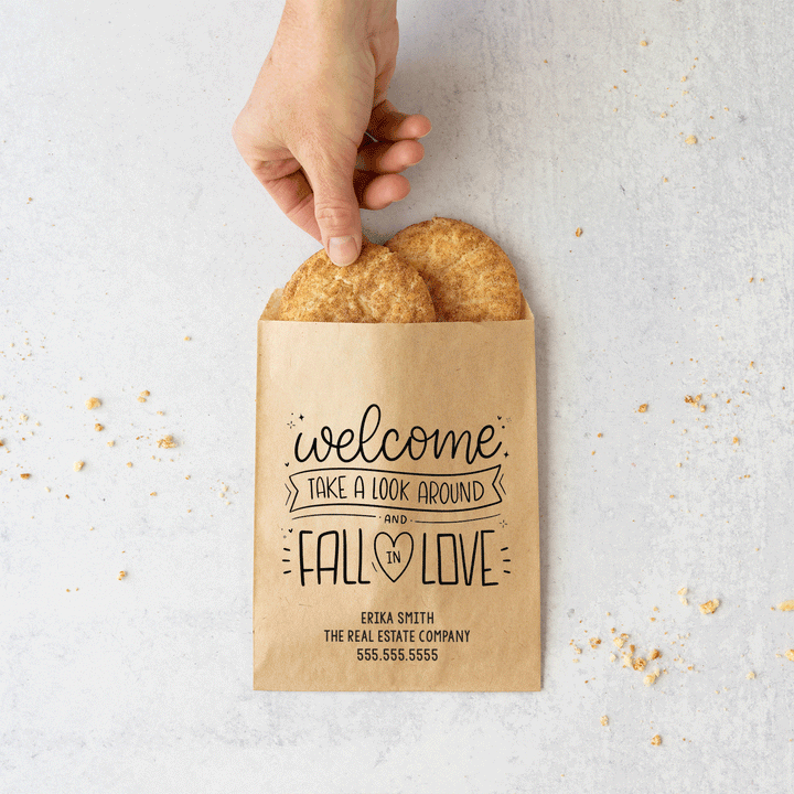Customizable | Set of "Welcome Take a Look Around and Fall in Love" Bakery Bags | 7-BB Bakery Bag Market Dwellings