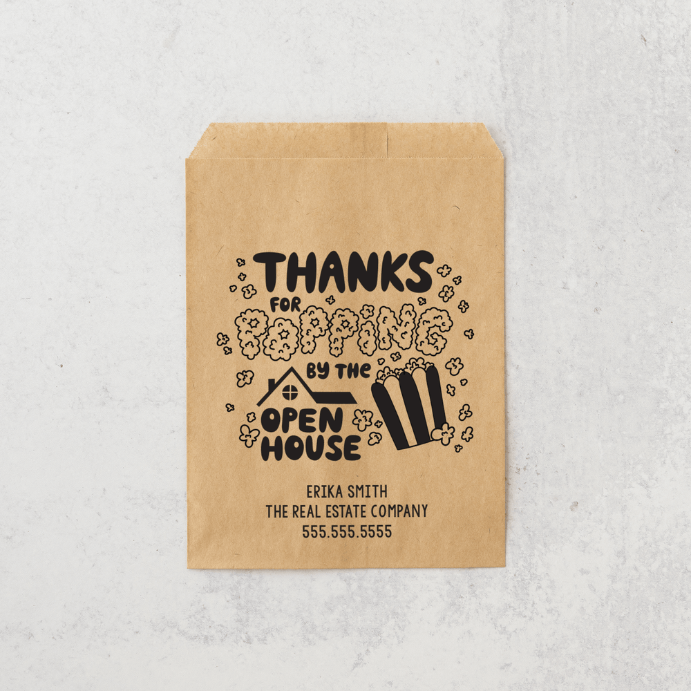 Customizable | Set of "Thanks for Popping By the Open House" Bakery Bags | 8-BB Bakery Bag Market Dwellings