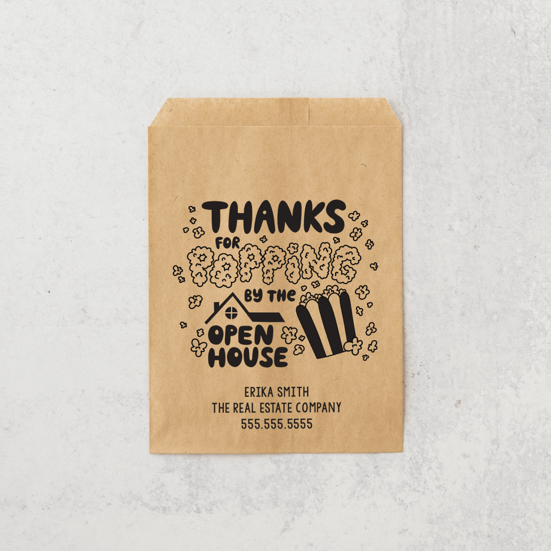 Customizable | Set of "Thanks for Popping By the Open House" Bakery Bags | 8-BB Bakery Bag Market Dwellings