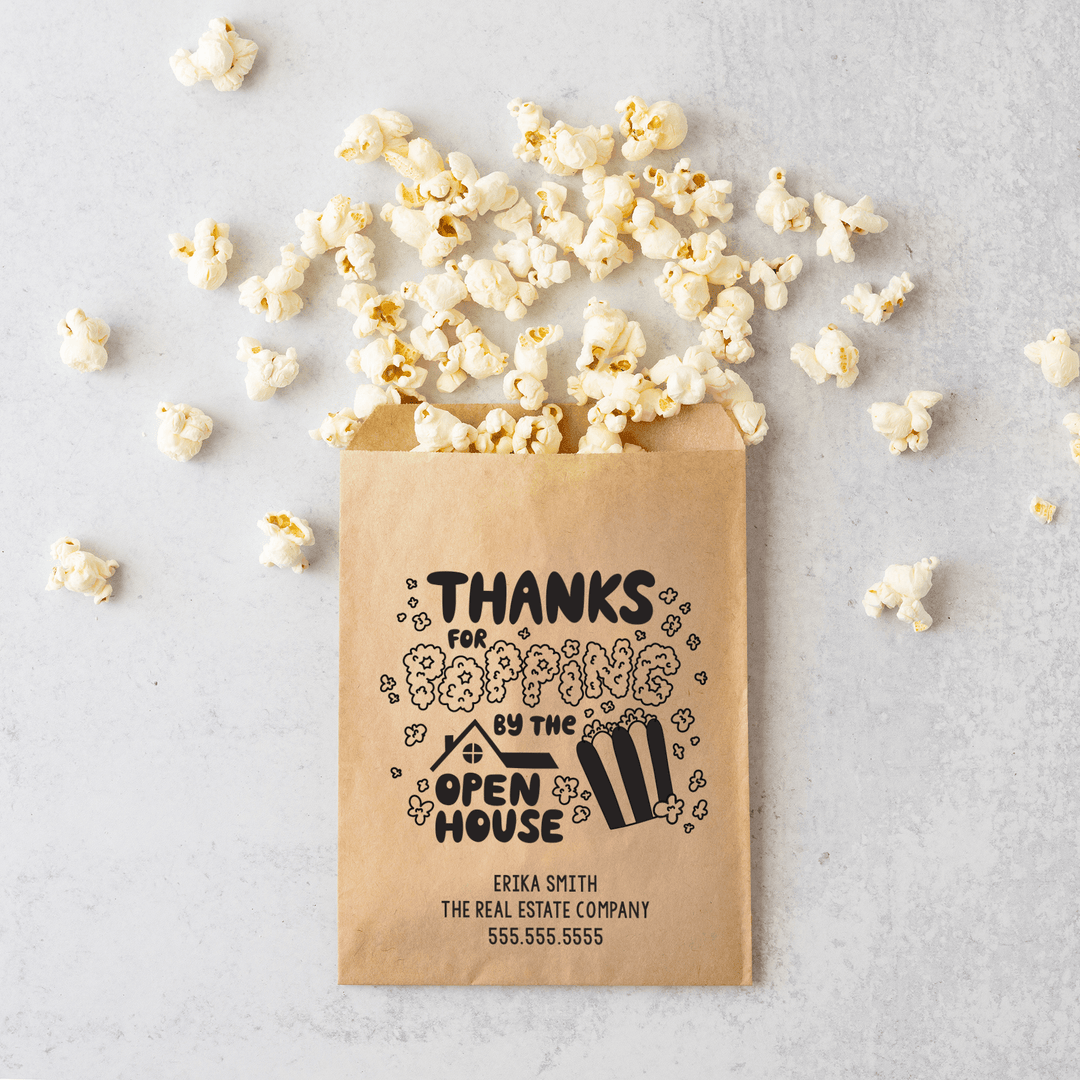 Customizable | Set of "Thanks for Popping By the Open House" Bakery Bags | 8-BB Bakery Bag Market Dwellings