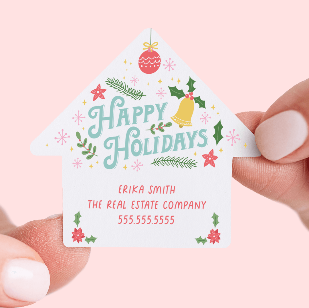 Customizable | Set of Happy Holidays House Shaped Stickers | 9-LB1 Stickers Market Dwellings