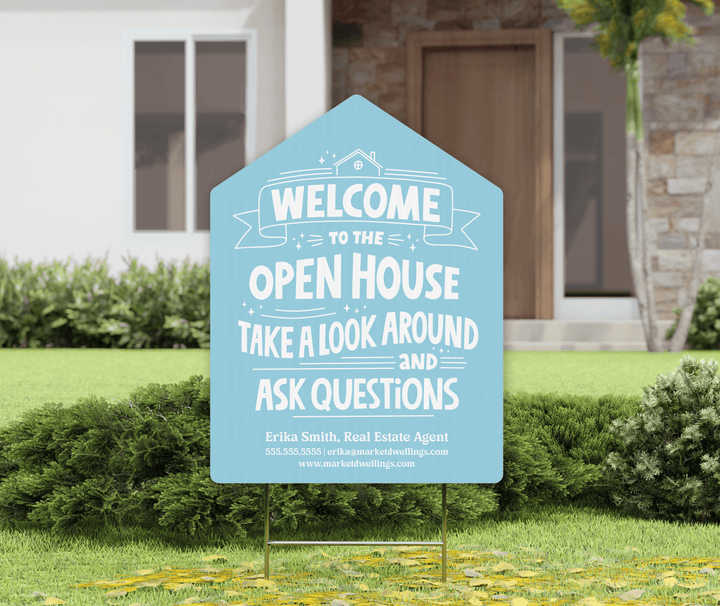 Customizable | Welcome to the Open House Real Estate Yard Sign | Photo Prop | DSY-01-AB Yard Sign Market Dwellings CORNFLOWER BLUE  