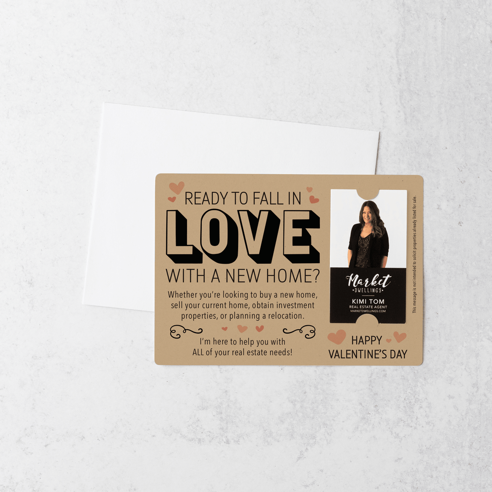 For Vertical Business Cards | Set of "Ready to Fall in Love with a New Home" Valentine's Mailer | Envelopes Included | V1-M005 Mailer Market Dwellings KRAFT  