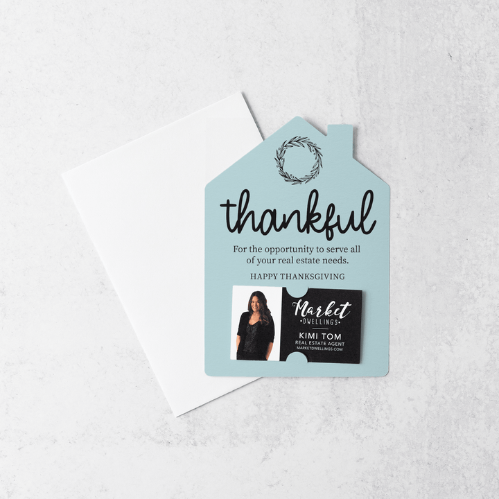 Set of Thankful Real Estate Thanksgiving Mailers | Envelopes Included | M17-M001 Mailer Market Dwellings LIGHT BLUE  