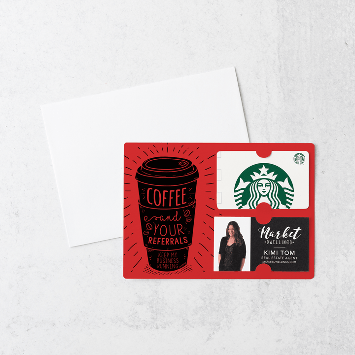 Set of Coffee and Your Referrals Keep My Business Running Gift Card & Business Card Holder Mailer | Envelopes Included | M3-M008 Mailer Market Dwellings SCARLET  