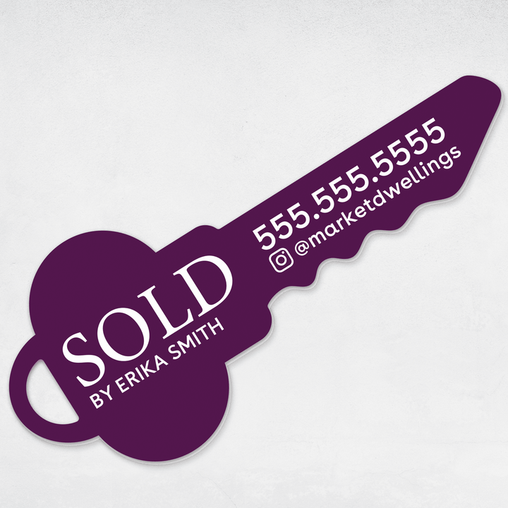 Customizable | Sold Real Estate Key Sign | Photo Prop | DSY-13-AB Key Sign Market Dwellings EGGPLANT  