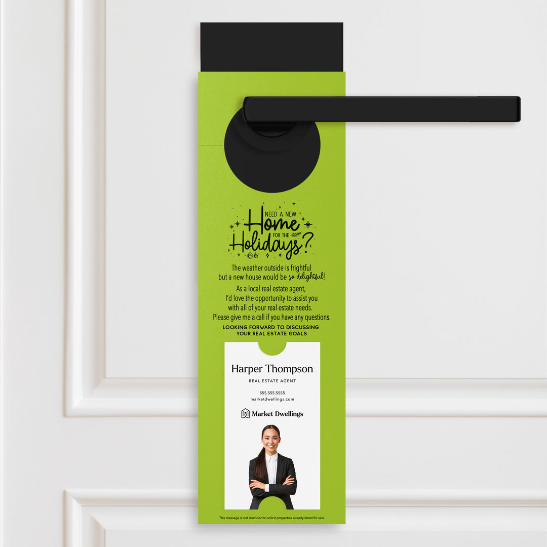 Vertical Need a New Home for the Holidays | Christmas Door Hangers | 1-DH005 Door Hanger Market Dwellings GREEN APPLE