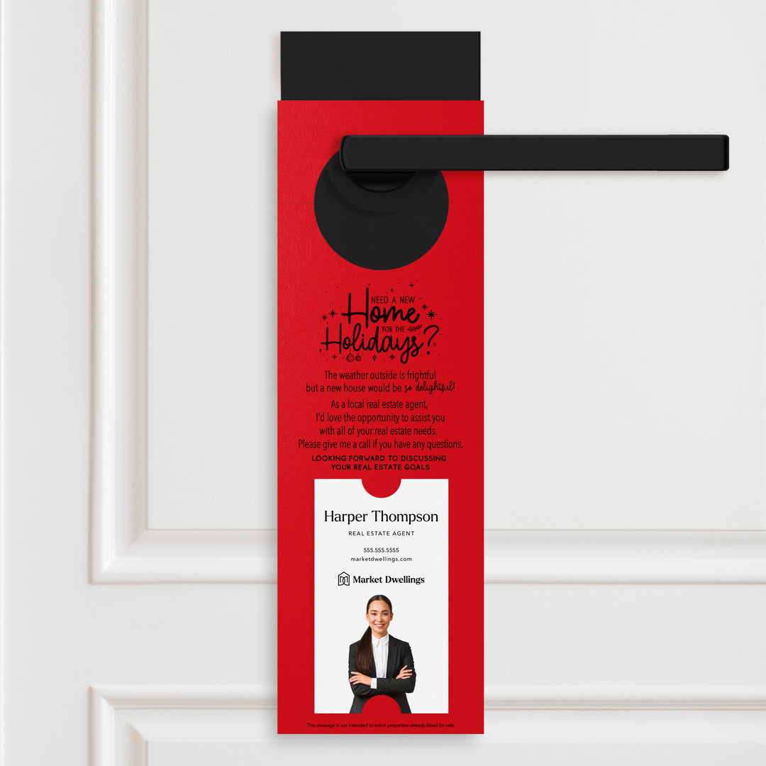 Vertical Need a New Home for the Holidays | Christmas Door Hangers | 1-DH005 Door Hanger Market Dwellings SCARLET