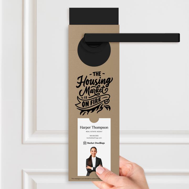 Vertical | The Housing Market is on Fire | Double Sided Real Estate Door Hangers | 12-DH005 Door Hanger Market Dwellings