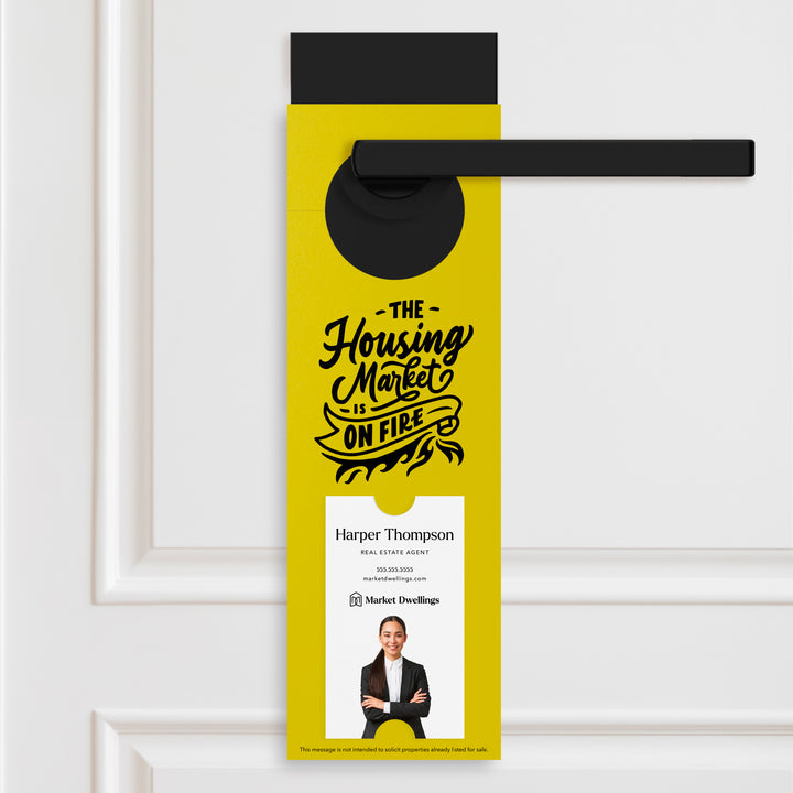 Vertical | The Housing Market is on Fire | Double Sided Real Estate Door Hangers | 12-DH005 Door Hanger Market Dwellings LEMON