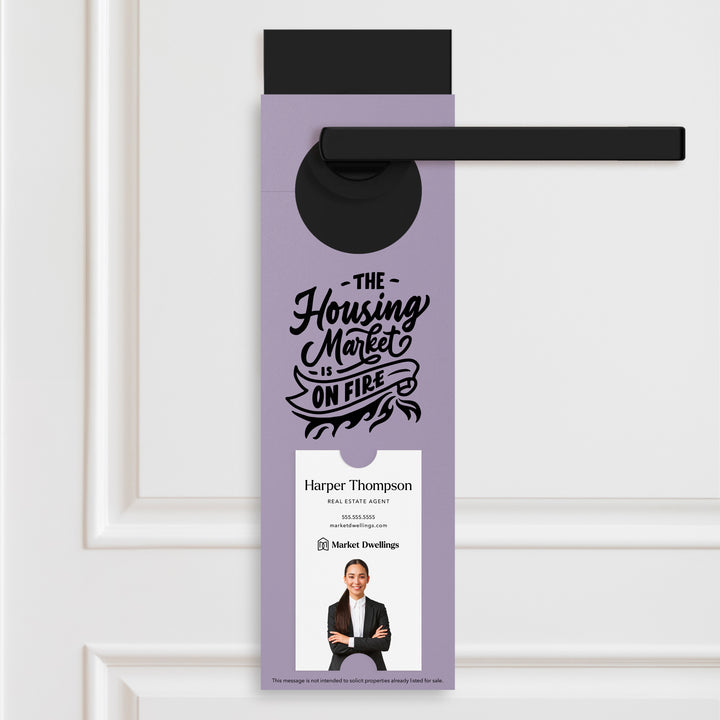 Vertical | The Housing Market is on Fire | Double Sided Real Estate Door Hangers | 12-DH005 Door Hanger Market Dwellings LIGHT PURPLE