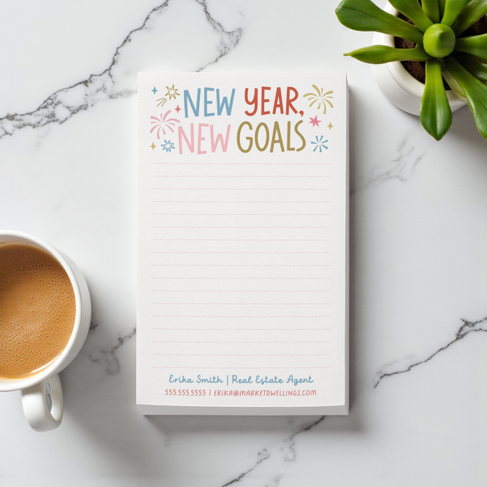 Set of Customizable New Year, New Goals Notepads | 5 x 8in | 50 Tear-Off Sheets | 12-SNP Notepad Market Dwellings