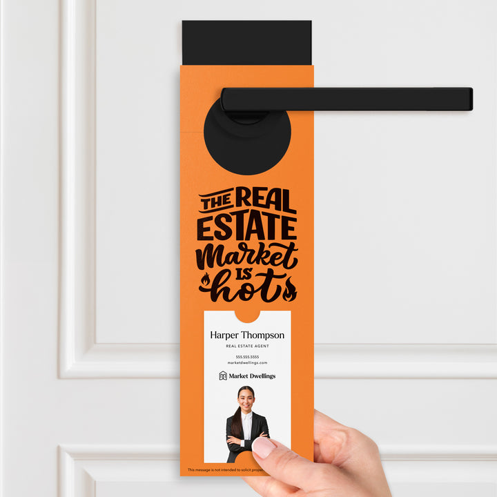 Vertical | The Real Estate Market is Hot | Real Estate Agent Double Sided Door Hangers | 13-DH005 Door Hanger Market Dwellings