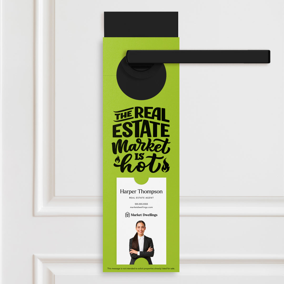 Vertical | The Real Estate Market is Hot | Real Estate Agent Double Sided Door Hangers | 13-DH005 Door Hanger Market Dwellings GREEN APPLE