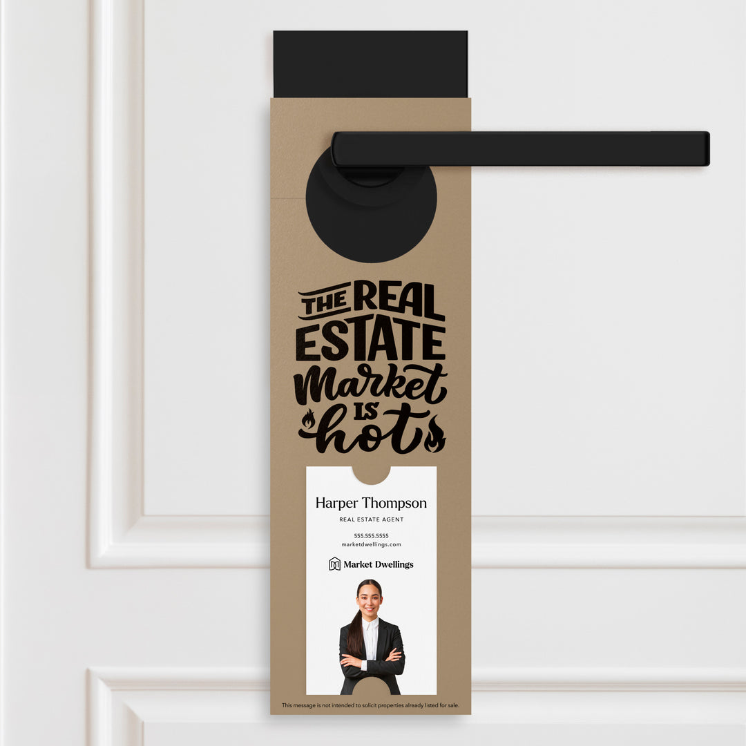 Vertical | The Real Estate Market is Hot | Real Estate Agent Double Sided Door Hangers | 13-DH005 Door Hanger Market Dwellings KRAFT